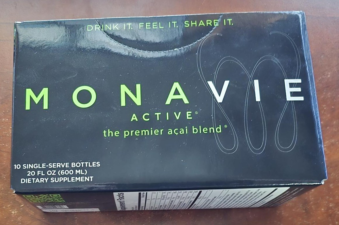 Front of the Monavie Active Shots box, 10 single-serve bottles, 20 fl oz (600 mL)