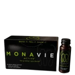 Monavie Active Shots box of 10 single-serve bottles beside one 2 fl oz bottle