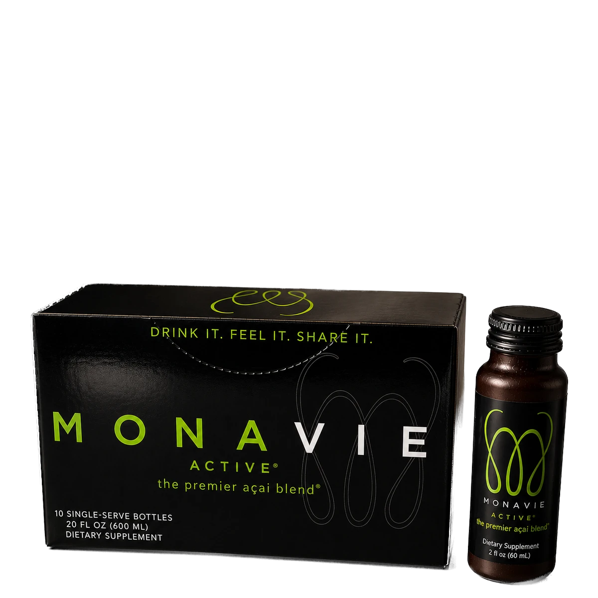 Monavie Active Shots box of 10 single-serve bottles beside one 2 fl oz bottle