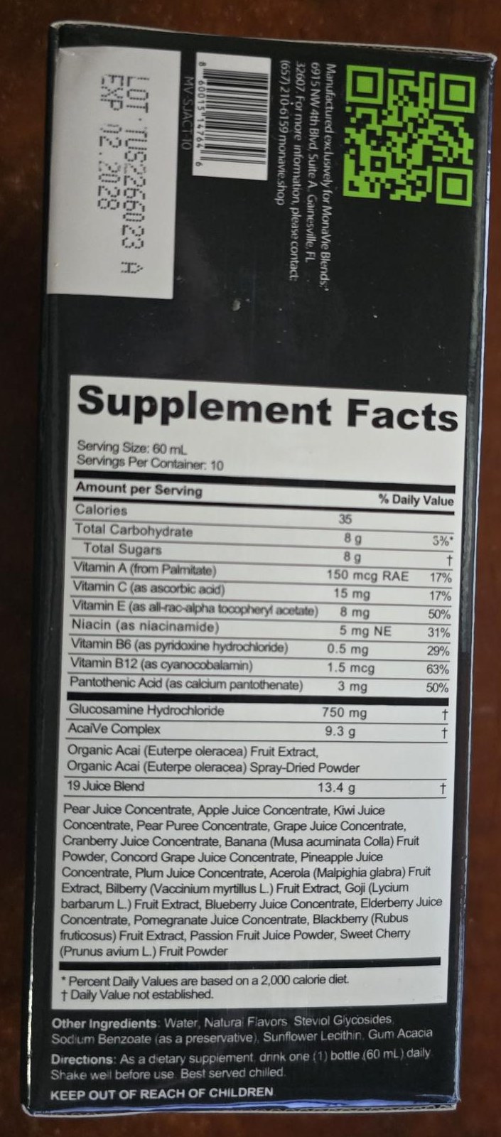 Supplement Facts panel on the Monavie Active Shots box