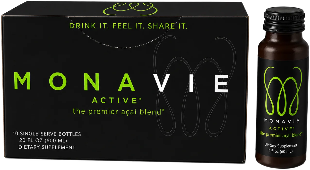 Monavie Active Shots box of 10 single-serve bottles beside one 2 fl oz bottle