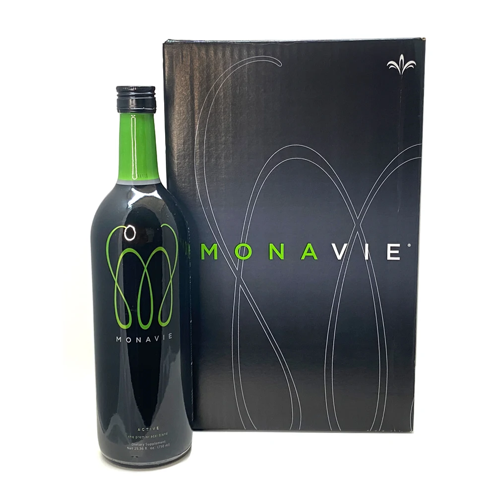 Monavie Active bottle beside its case