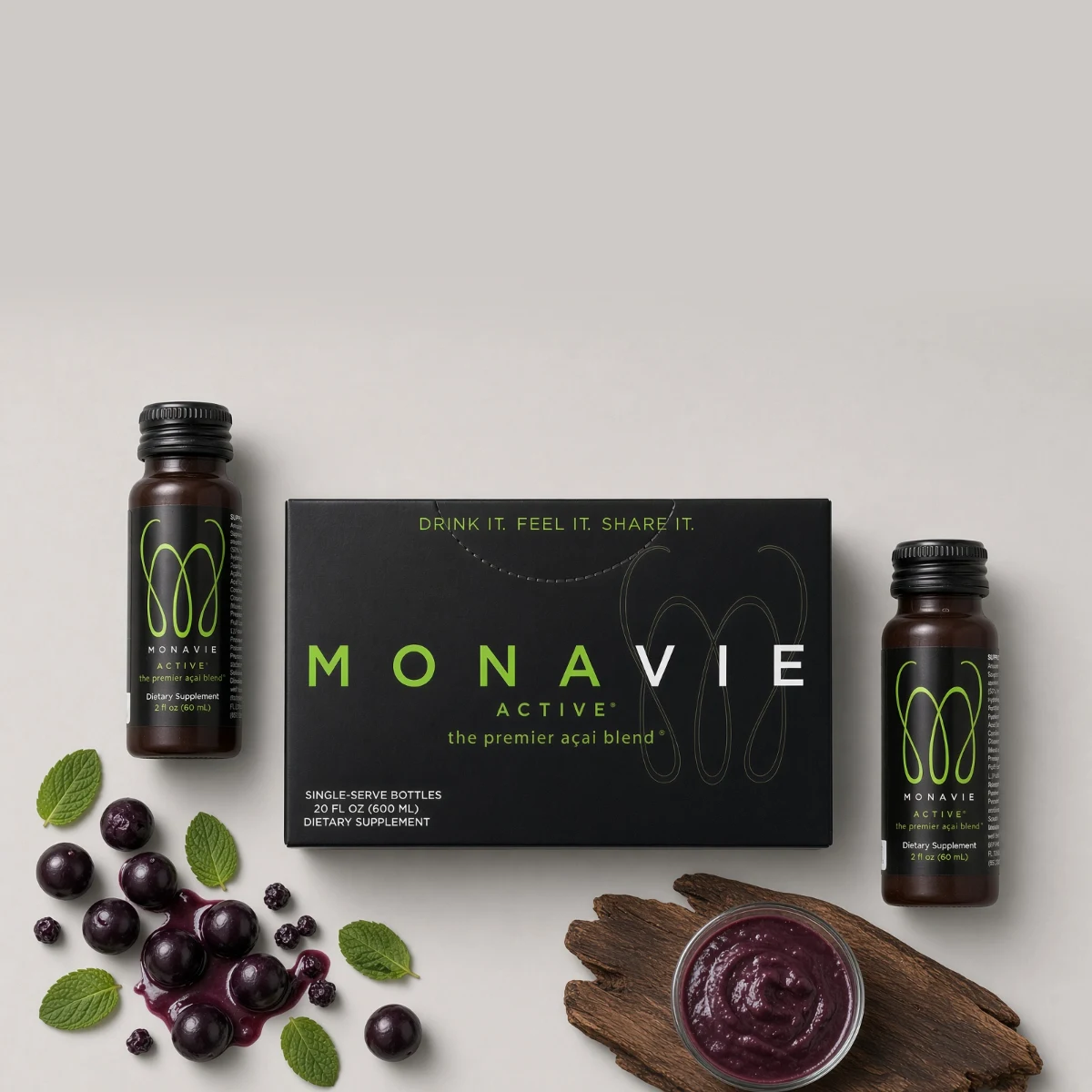 Monavie Active Shots box and bottles with açaí berries
